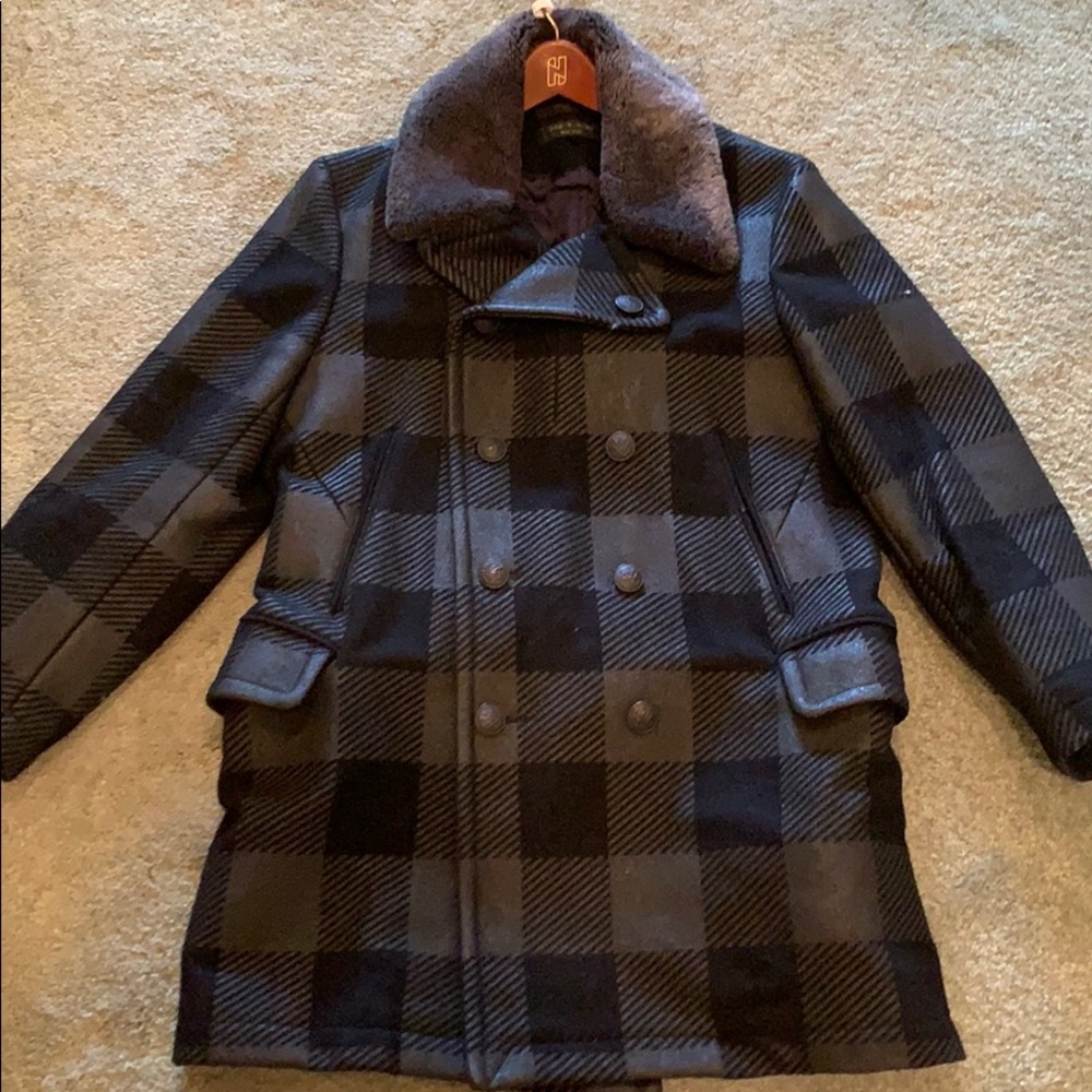 Mens Rag & Bone Black Plaid Peacoat
